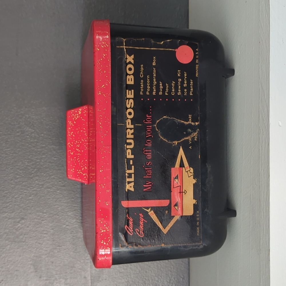 Vintage Storages Box black with Red gold sparkle lid Aunt Ginny's Advertising